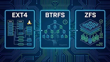 Diagramme technique comparant les structures des systèmes de fichiers EXT4, BTRFS (montrant la fonction Snapshots) et ZFS (montrant l'intégrité des données et RAID-Z), utilisés pour le stockage NAS Linux.