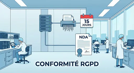 Illustration de la conformité RGPD et de l'effacement sécurisé des données clients après restitution.