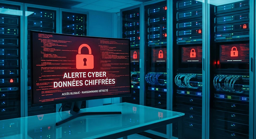 Écran d'alerte cyber affichant 'données chiffrées' et un cadenas rouge dans un centre de données, illustrant un incident nécessitant une récupération de données ransomware.