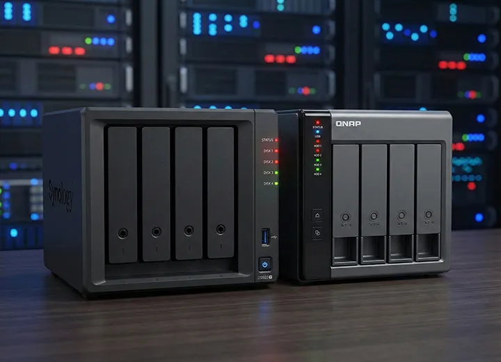 Serveurs NAS Synology et QNAP côte à côte, affichant des indicateurs LED rouges et orange d'erreur sur le statut et les disques, illustrant une situation d'urgence pour la récupération de données NAS sur RAID dégradé.
