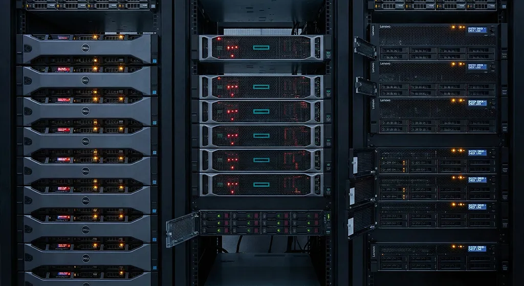 Serveurs d'entreprise Dell PowerEdge, HPE ProLiant et Lenovo ThinkSystem affichant des voyants d'erreur oranges, illustrant une situation critique nécessitant une récupération de données RAID en urgence.