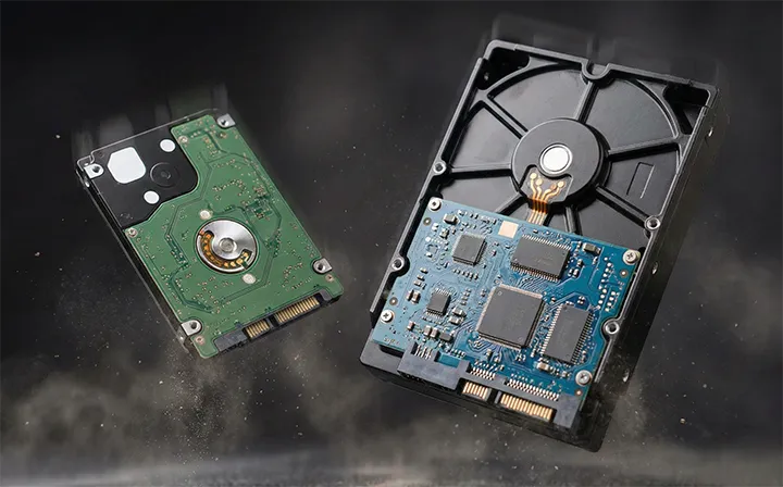 Expertise AxonRecup en récupération de données disque dur : disques durs 3.5 pouces et 2.5 pouces en chute, illustrant une panne mécanique.