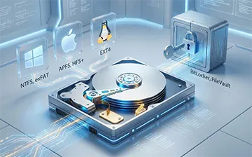Illustration 3D montrant la récupération de données sur un disque dur compatible avec les systèmes de fichiers Windows (NTFS, exFAT), Apple Mac (APFS, HFS+), Linux (EXT4) et le déchiffrement de volumes BitLocker et FileVault.