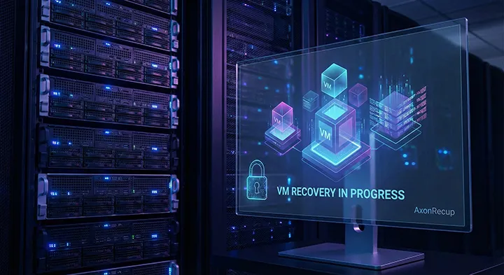 Interface de supervision en salle blanche affichant une procédure de Récupération de données Machines Virtuelles et la reconstruction de blocs logiques VM.
