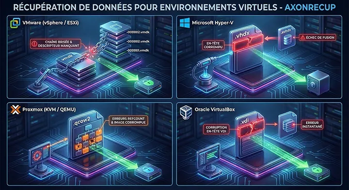 Interface de laboratoire affichant le processus de 'Récupération Machine Virtuelle' et la reconstruction logique de blocs VMDK, VHDX, QCOW2 et VDI.