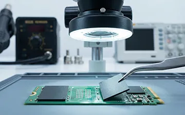 Intervention de micro-soudure sous microscope : Extraction physique d'une puce mémoire NAND sur un SSD illisible via la technique Chip-off pour contourner un contrôleur HS.