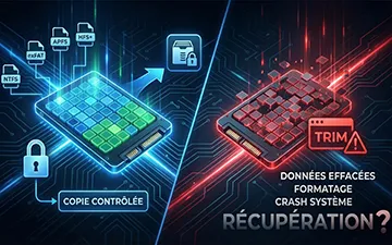 Schéma explicatif de l'impact de la commande TRIM sur les données SSD après formatage ou crash système, comparé à la méthode sécurisée de copie contrôlée pour les partitions NTFS, exFAT, APFS et HFS+.