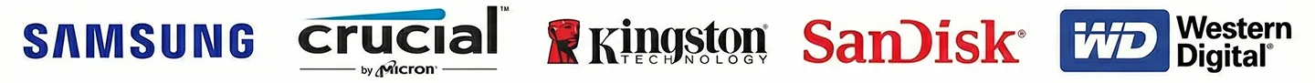 Logos des fabricants de SSD pris en charge par AxonRecup : Samsung, Crucial, Kingston, SanDisk et Western Digital.