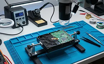 Vue rapprochée d'une carte électronique (PCB) de disque dur avec composants visibles pour transfert de ROM adaptative et réparation suite à une panne électrique