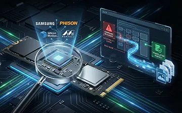 Analyse microscopique d'un contrôleur SSD illustrant la compatibilité avec les puces Samsung, Phison, Silicon Motion et Marvell pour la résolution de pannes firmware (SATAFIRM S11, erreur 0Go, reconstruction du Translator).
