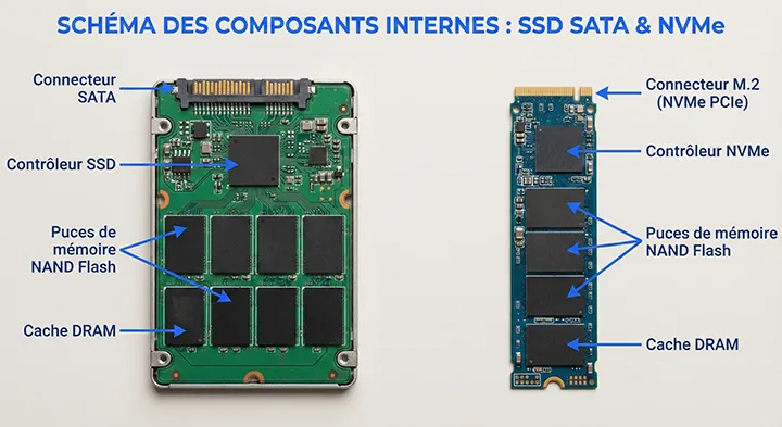 Schéma technique comparant les composants internes d'un SSD 2.5' SATA et d'un SSD M.2 NVMe, montrant l'emplacement du contrôleur, des puces de mémoire NAND Flash et des connecteurs, essentiel pour comprendre les pannes nécessitant une récupération de données.