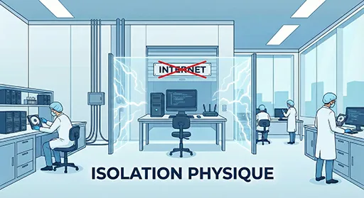 Ordinateur de récupération de données déconnecté d'Internet (Air-gapped) avec le symbole Internet barré pour éviter les fuites.