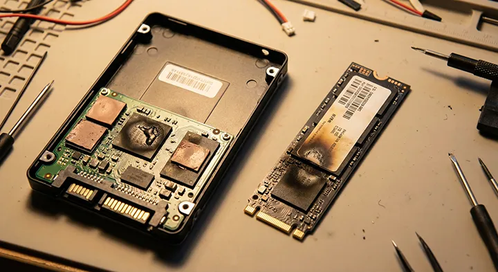 Composants internes de disques SSD SATA et NVMe en surchauffe, illustrant une panne de contrôleur ou mémoire Flash nécessitant une récupération de données SSD.