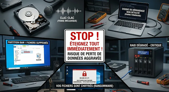 Infographie des 5 symptômes critiques de perte de données : disque dur qui claque, SSD non détecté, partition RAW, RAID dégradé et ransomware. AxonRecup Expert en Récupération de Données.