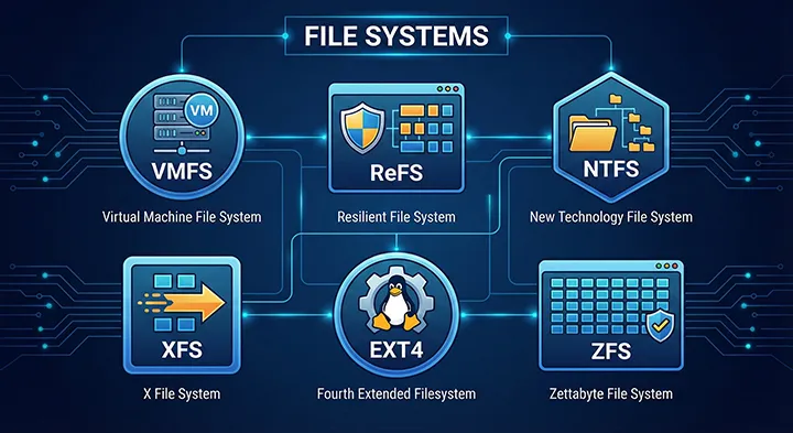 Diagramme technique des systèmes de fichiers d'entreprise (VMware VMFS, Microsoft ReFS & NTFS, Linux XFS & EXT4, et ZFS) supportés par nos services de récupération de données sur serveur et RAID.