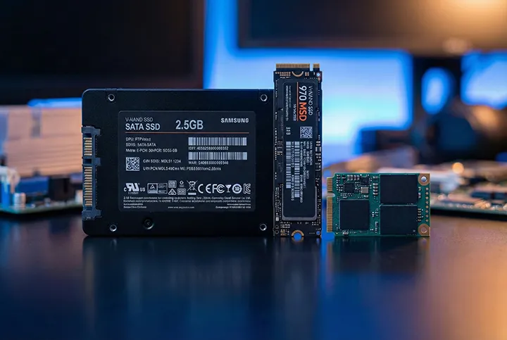 Photographie montrant trois formats de disques SSD côte à côte : un SSD SATA 2.5 pouces Samsung, un SSD NVMe M.2 Samsung et un SSD mSATA, illustrant la variété des supports pris en charge en récupération de données.