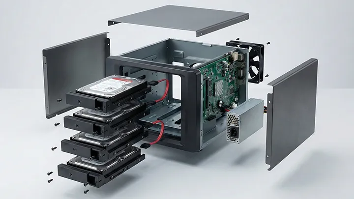 Vue éclatée technique d'un serveur NAS 4 baies montrant l'agencement interne des disques durs, du contrôleur RAID et de la carte mère, illustrant la complexité matérielle d'une récupération de données NAS.