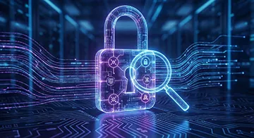 Illustration d'un cadenas numérique sous une loupe d'analyse, symbolisant l'expertise en récupération de données ransomware et l'étude forensique des algorithmes de chiffrement.