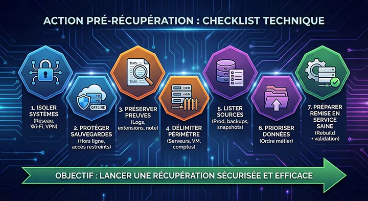 Peut-on récupérer des fichiers chiffrés par un ransomware sans payer la rançon ? 3 Infographie checklist : 7 actions techniques indispensables avant de tenter la récupération de fichiers chiffrés ransomware (Isoler le réseau, Protéger les backups, Préserver les preuves, Délimiter le périmètre, Lister les sources, Prioriser et Préparer le rebuild).