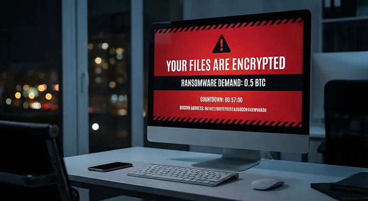 Ransomware : les 10 actions immédiates pour limiter les dégâts 2 Écran d'ordinateur affichant une demande de rançon sur fond rouge dans un bureau sombre.