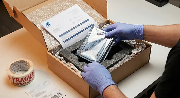 Disque dur qui claque : que faire (et surtout ne pas faire) 3 Préparation sécurisée d'un disque dur en panne pour son expédition : mise en place dans un carton rigide avec un emballage antistatique, de la mousse de calage pour absorber les chocs, du ruban adhésif fragile et le devis d'intervention imprimé.