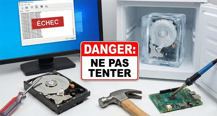 Disque dur qui claque : que faire (et surtout ne pas faire) 2 Illustration des pires pratiques de récupération de données sur un disque dur qui claque : utilisation de logiciels en échec, disque placé au congélateur, coups de marteau et ouverture forcée, accompagnés d'un panneau d'avertissement DANGER NE PAS TENTER.