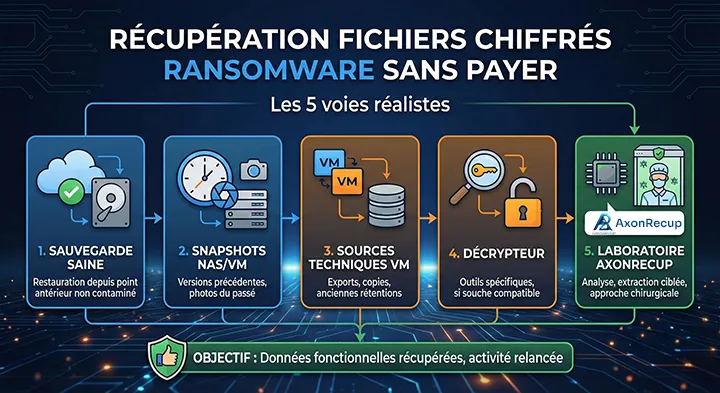 Peut-on récupérer des fichiers chiffrés par un ransomware sans payer la rançon ? 2 Infographie détaillant les 5 voies réalistes pour restaurer des fichiers chiffrés ransomware sans payer la rançon : vérification des sauvegardes, snapshots NAS/VM, sources techniques, outils de décryptage et intervention du laboratoire AxonRecup.