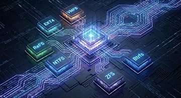 Illustration technique connectant un processeur central aux protocoles de fichiers majeurs (VMFS, EXT4, ReFS, NTFS, ZFS, Btrfs), symbolisant l'expertise en reconstruction hexadécimale de partitions corrompues par un ransomware.