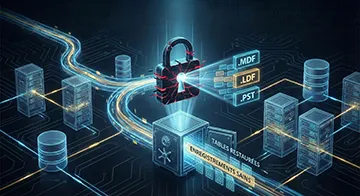 Illustration technique montrant le contournement du chiffrement ransomware (cadenas brisé) pour réparer la structure interne des fichiers de bases de données SQL Server (.MDF/.LDF) et messagerie Outlook (.PST), permettant l'extraction sécurisée des tables et enregistrements sains.