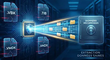 Illustration du processus de récupération de données après attaque ransomware ciblant des fichiers de sauvegarde (Veeam .VBK, Acronis .TIB) et des disques virtuels (.VMDK, .VHDX) endommagés, montrant l'extraction et la sécurisation des données saines.
