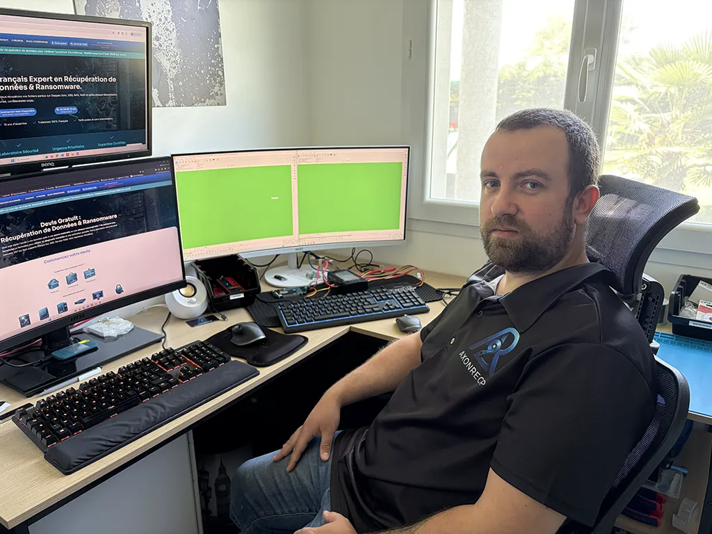 Adrien Crouzet, fondateur de la société, dans le laboratoire AxonRecup, spécialisé en récupération de données informatiques.