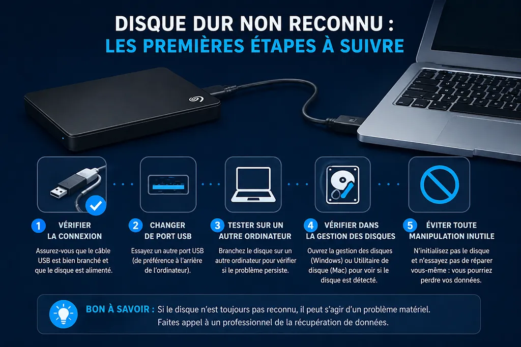 Disque dur non reconnu : que faire avant d’aggraver la panne ? 2 Disque dur non reconnu : premiers réflexes à adopter avant de tenter une récupération de données.