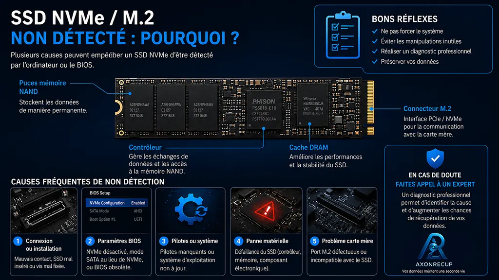 SSD NVMe / M.2 non détecté : causes, erreurs à éviter et diagnostic 2 SSD NVMe / M.2 non détecté avec les causes possibles et les bons réflexes avant diagnostic