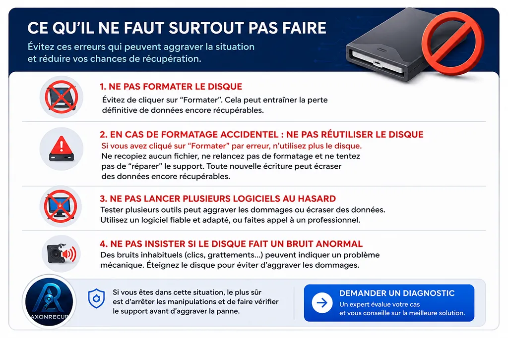 Disque dur qui demande à être formaté : que faire avant de perdre vos données ? 2 Erreurs à éviter lorsqu’un disque dur demande à être formaté avant récupération des données