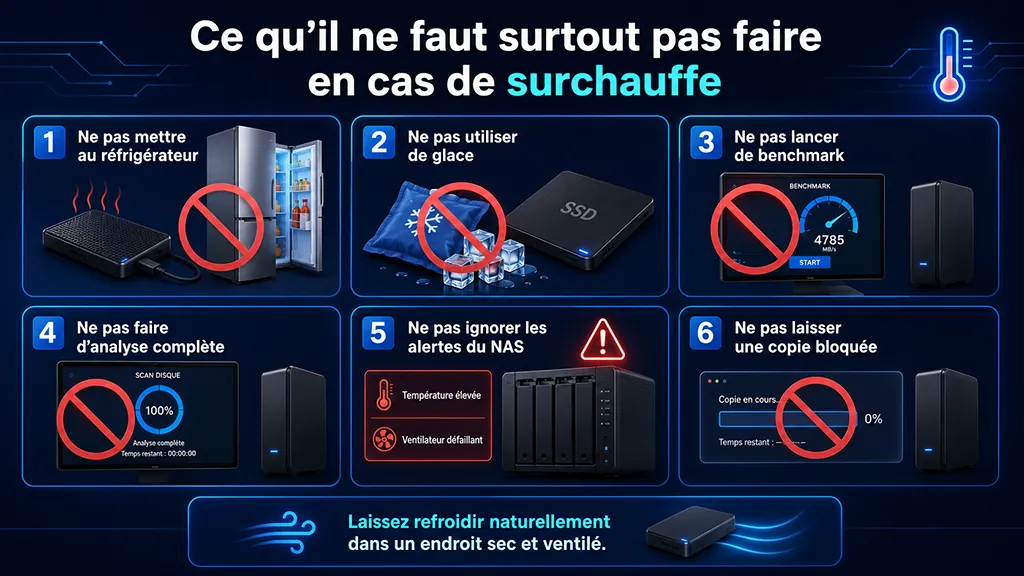 Surchauffe disque dur, SSD ou NAS : quels risques pendant la canicule ? 2 Illustration des erreurs à éviter en cas de surchauffe d’un disque dur, d’un SSD ou d’un NAS.