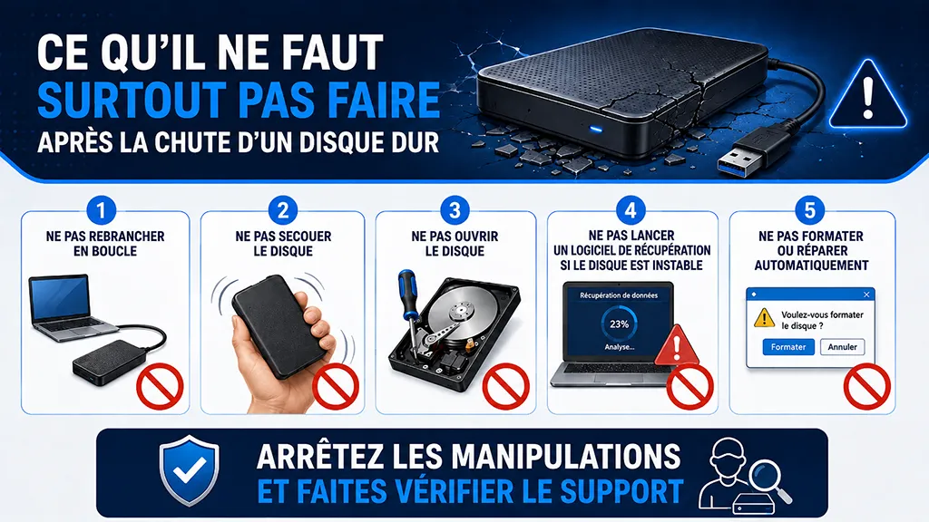 Disque dur tombé : que faire après une chute ou un choc ? 2 Erreurs à éviter après la chute d’un disque dur externe pour préserver les données