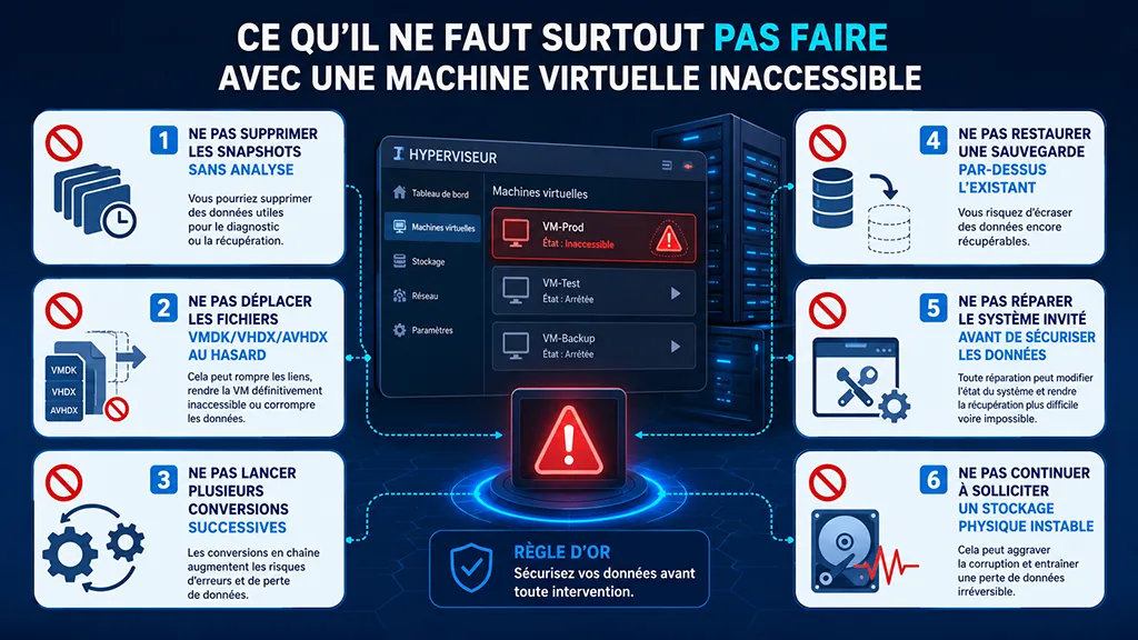 Machine virtuelle inaccessible : comment récupérer les données d’un VMDK ou VHDX ? 2 Erreurs à éviter avec une machine virtuelle inaccessible, des snapshots, fichiers VMDK, VHDX et stockage serveur