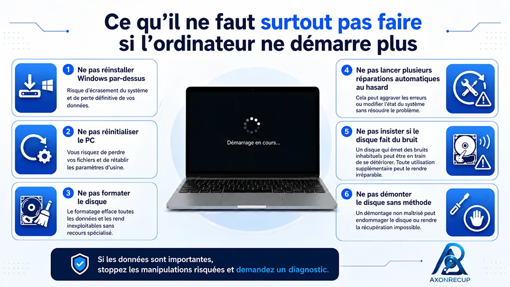 Ordinateur qui ne démarre plus : comment récupérer ses données ? 2 Erreurs à éviter si l’ordinateur ne démarre plus avant récupération des données