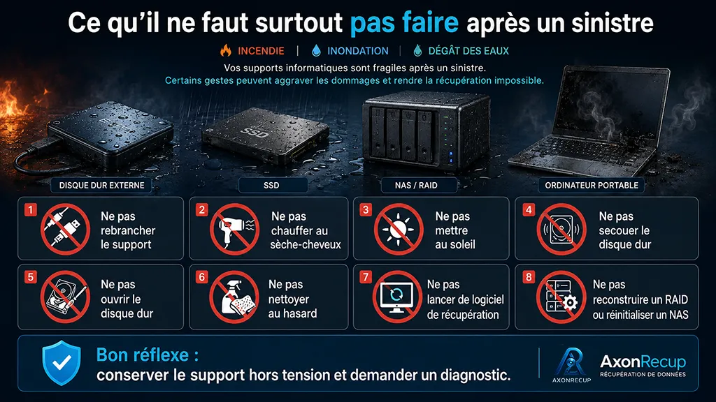 Disque dur, SSD, NAS ou Serveur après incendie ou inondation : que faire pour récupérer ses données ? 2 Erreurs à éviter après un incendie, une inondation ou un dégât des eaux touchant un disque dur, SSD, NAS ou ordinateur portable. Récupération de données après un sinistre