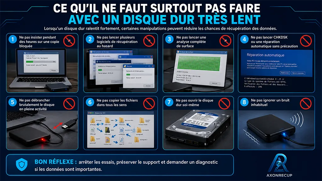 Disque dur très lent ou copie bloquée : que faire avant d’aggraver la panne ? 2 Erreurs à éviter avec un disque dur très lent, une copie bloquée ou des fichiers difficiles à récupérer